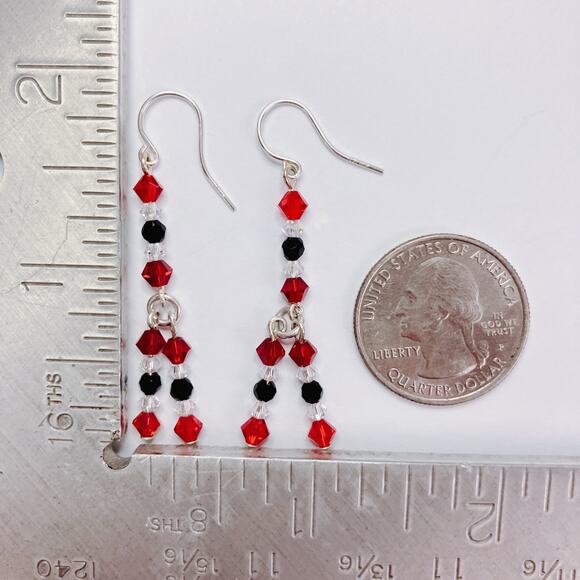 VTG Artisan Sterling Filled Swarovski Red Black Crystal Dangle Earrings Handmade - Picture 10 of 16